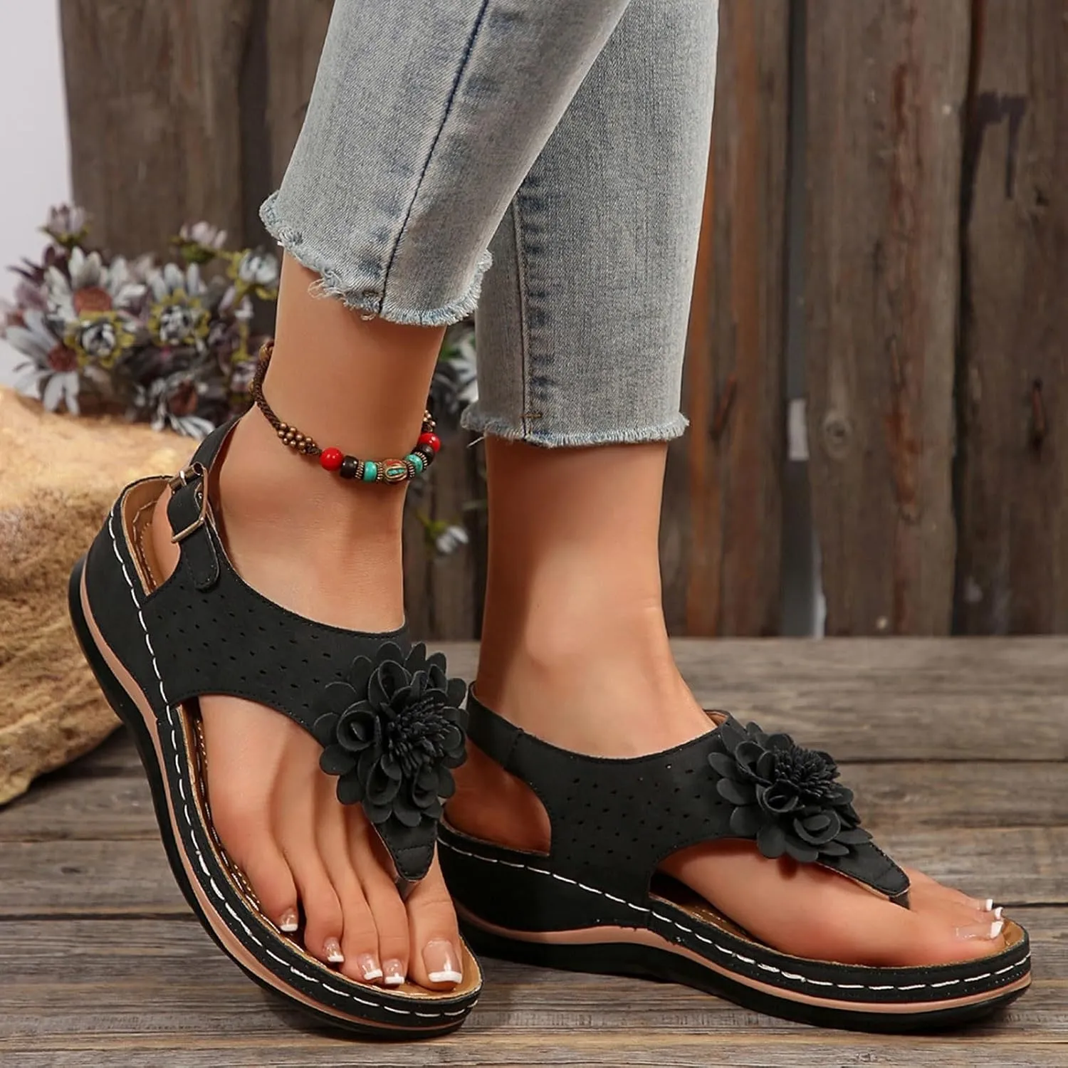 Summer Flip Flops for Women 2025,Orthopedic Flower Cutout Wide Width Slip On Slingback Slides with Adjustable Ankle Strap Ladies Low Wedges Heel Comfy Arch Support Recovery Mules Casual Shoes