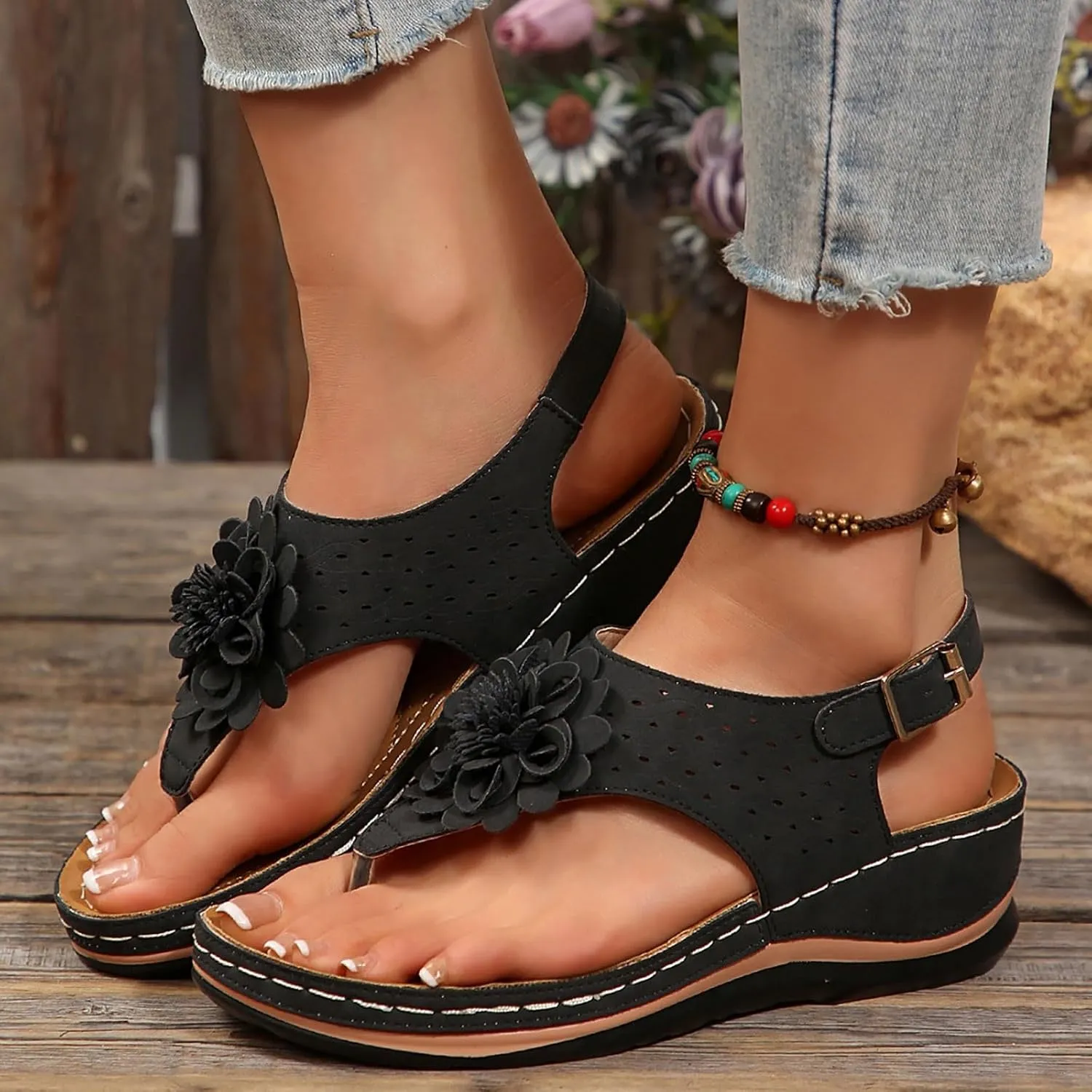 Summer Flip Flops for Women 2025,Orthopedic Flower Cutout Wide Width Slip On Slingback Slides with Adjustable Ankle Strap Ladies Low Wedges Heel Comfy Arch Support Recovery Mules Casual Shoes