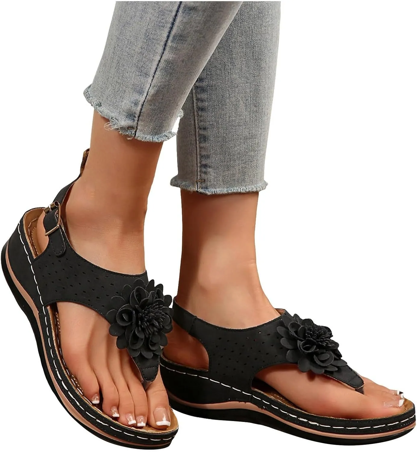 Summer Flip Flops for Women 2025,Orthopedic Flower Cutout Wide Width Slip On Slingback Slides with Adjustable Ankle Strap Ladies Low Wedges Heel Comfy Arch Support Recovery Mules Casual Shoes