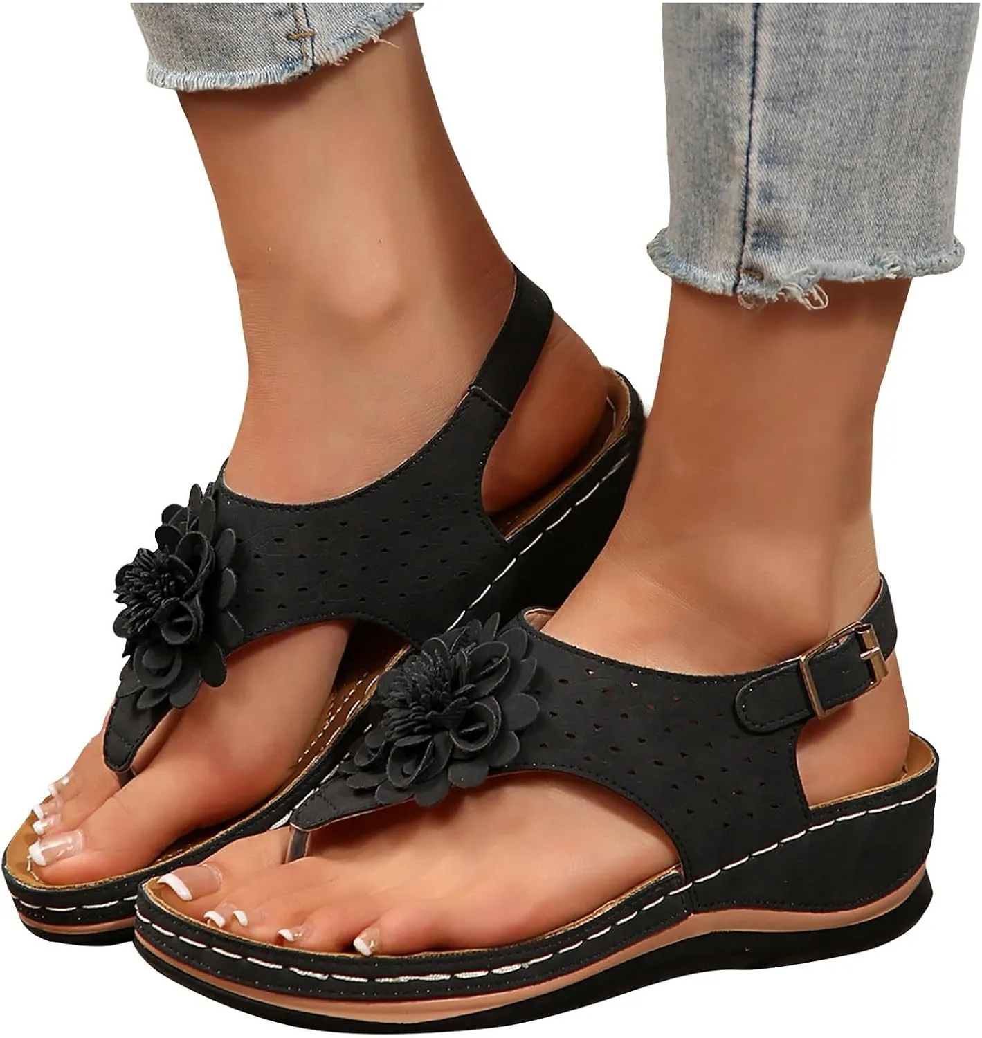 Summer Flip Flops for Women 2025,Orthopedic Flower Cutout Wide Width Slip On Slingback Slides with Adjustable Ankle Strap Ladies Low Wedges Heel Comfy Arch Support Recovery Mules Casual Shoes