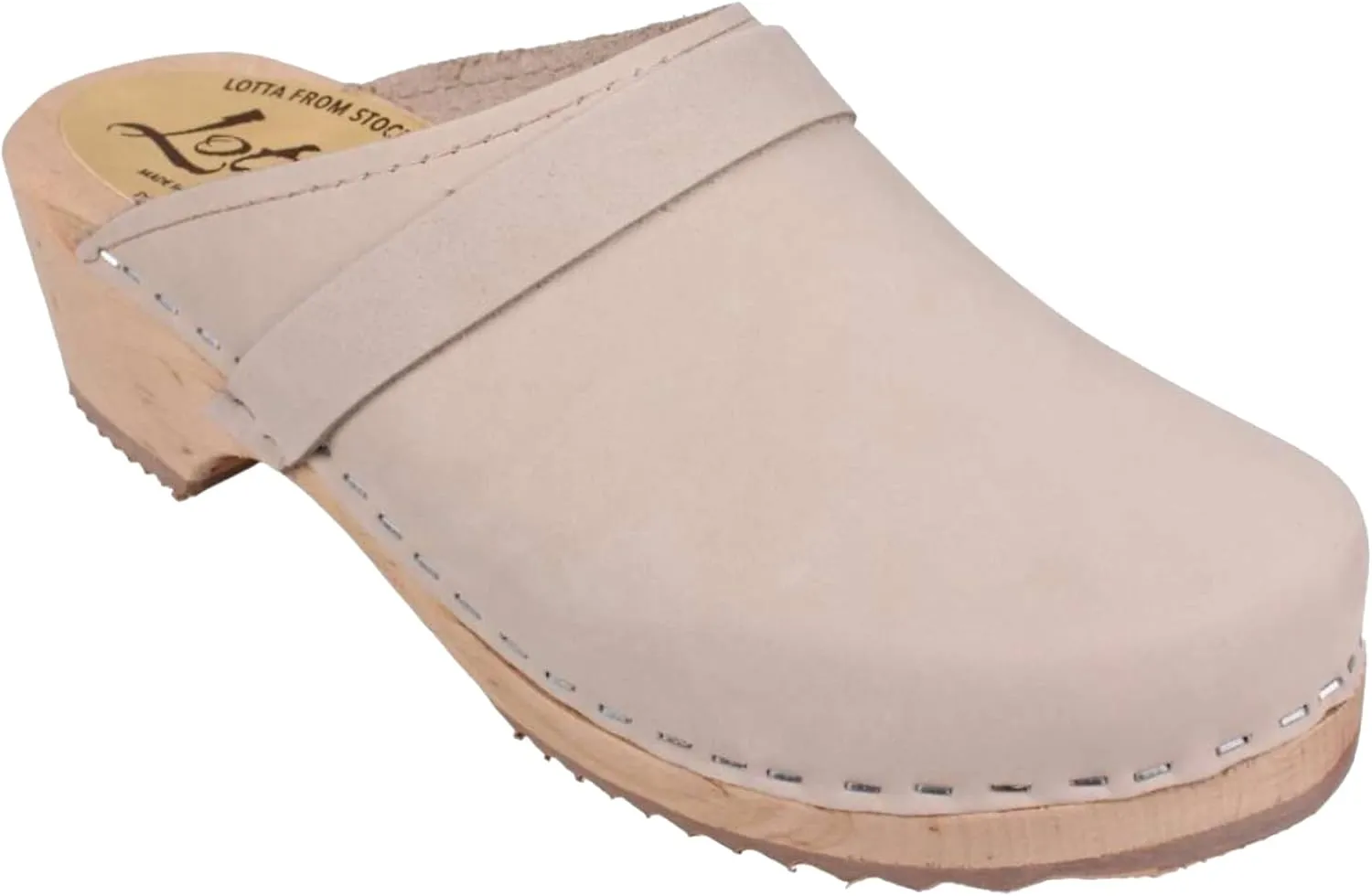 Swedish Classic Clog Mule for Women | Low Heel Slip-on Wooden Clogs Handmade in Sweden from Alder Wood Base and Oiled Nubuck Leather I Oatmeal