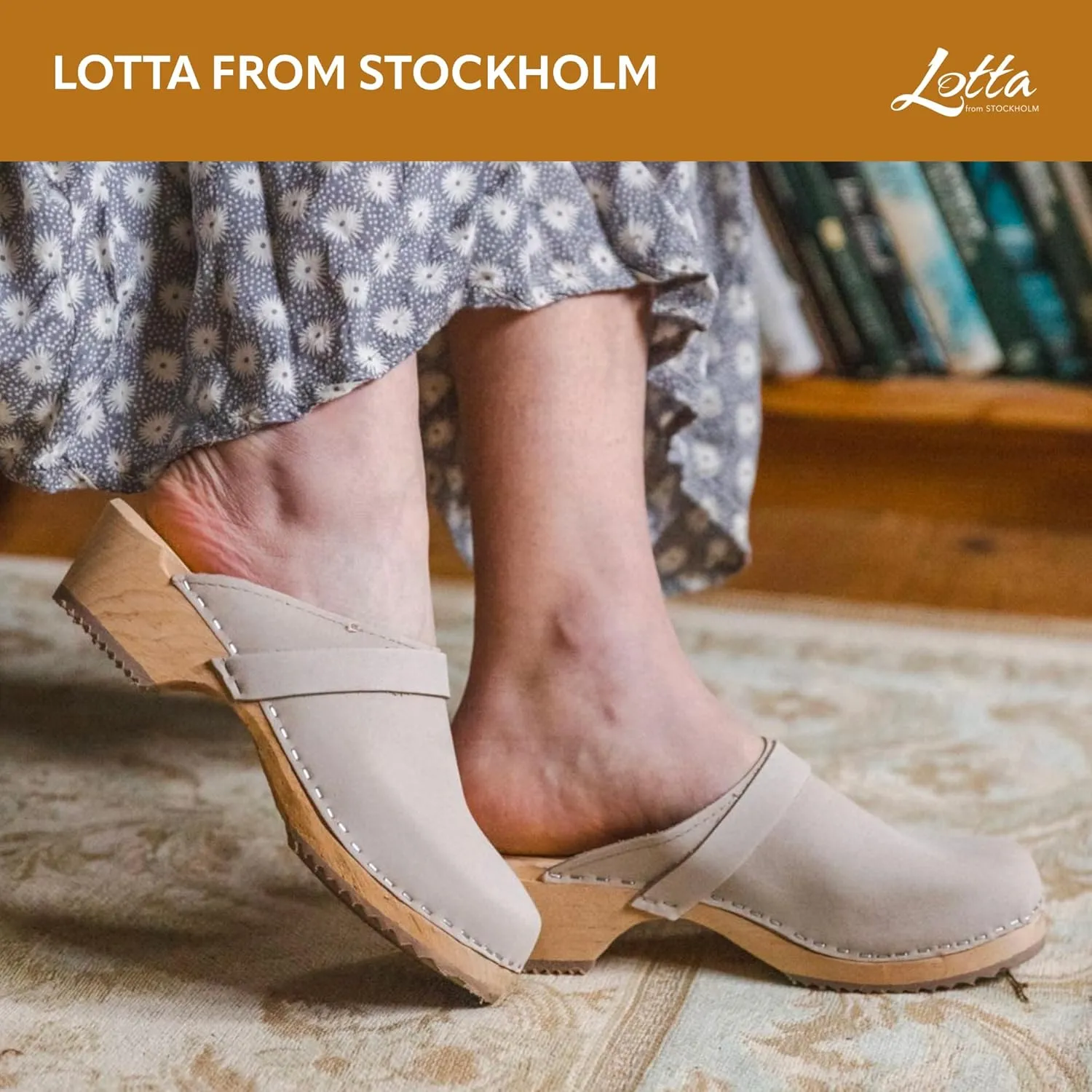 Swedish Classic Clog Mule for Women | Low Heel Slip-on Wooden Clogs Handmade in Sweden from Alder Wood Base and Oiled Nubuck Leather I Oatmeal