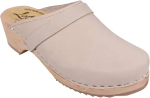 Swedish Classic Clog Mule for Women | Low Heel Slip-on Wooden Clogs Handmade in Sweden from Alder Wood Base and Oiled Nubuck Leather I Oatmeal