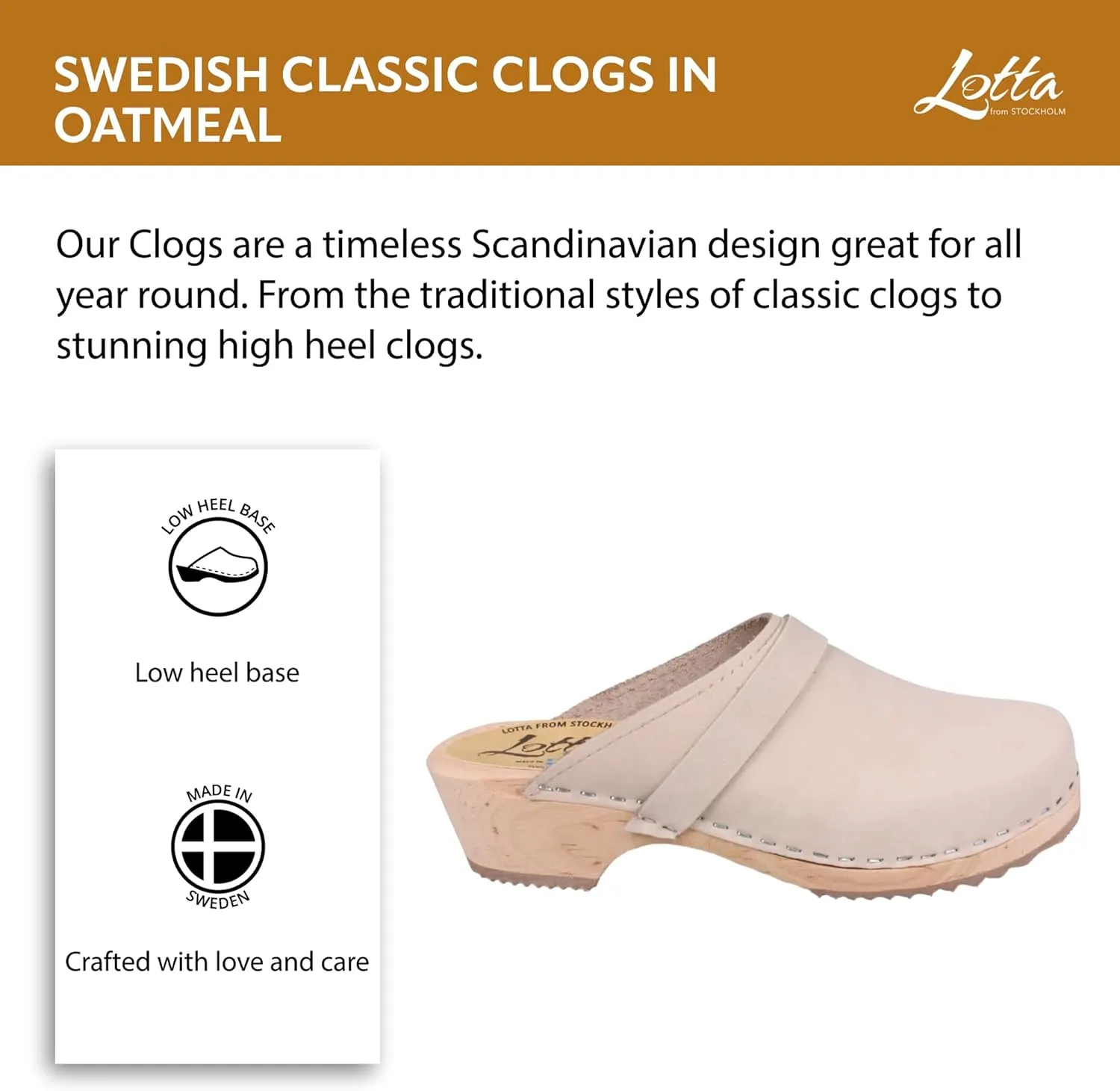 Swedish Classic Clog Mule for Women | Low Heel Slip-on Wooden Clogs Handmade in Sweden from Alder Wood Base and Oiled Nubuck Leather I Oatmeal