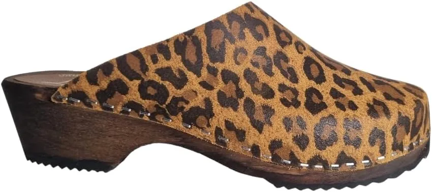 Swedish Classic Clog Mule for Women | Low Heel Slip-on Wooden Clogs Handmade in Sweden | Italian Printed Leather and Alder Wood I Leopard