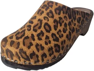 Swedish Classic Clog Mule for Women | Low Heel Slip-on Wooden Clogs Handmade in Sweden | Italian Printed Leather and Alder Wood I Leopard
