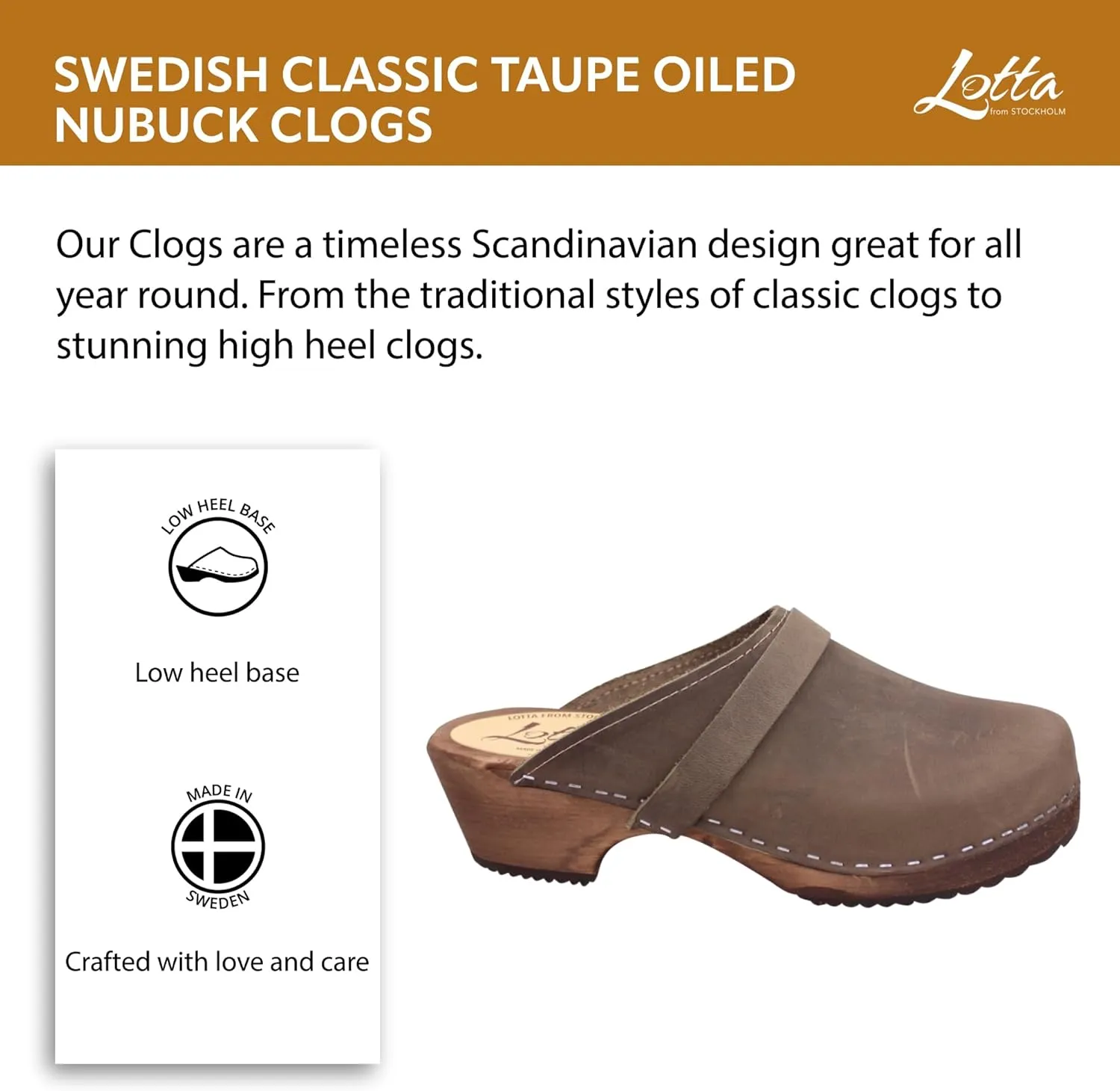 Swedish Classic Clog Mule for Women | Low Heel Slip-on Wooden Plataform Clogs Handmade in Sweden | Alder Wood Base and Oiled Nubuck Leather I Taupe
