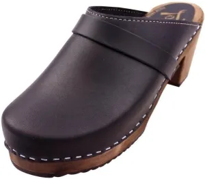 Swedish High Heel Classic Mule Clogs for Women | Real Leather and Swedish Alder Wooden Brown Base | Handcrafted in Sweden I Premiun Italian Black Leather