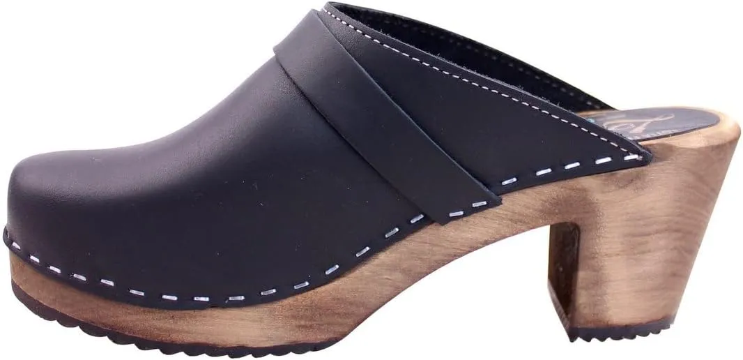 Swedish High Heel Classic Mule Clogs for Women | Real Leather and Swedish Alder Wooden Brown Base | Handcrafted in Sweden I Premiun Italian Black Leather
