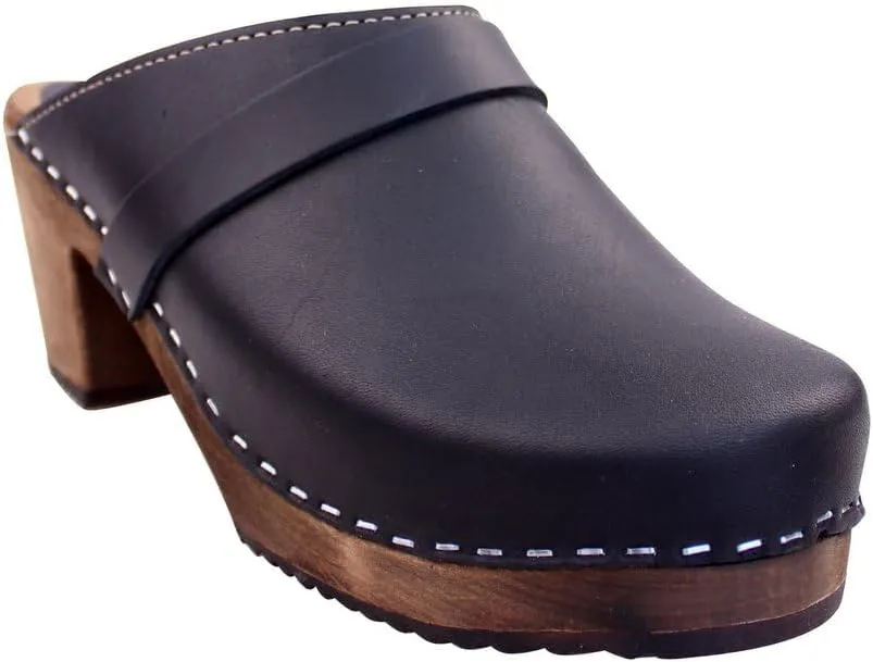 Swedish High Heel Classic Mule Clogs for Women | Real Leather and Swedish Alder Wooden Brown Base | Handcrafted in Sweden I Premiun Italian Black Leather