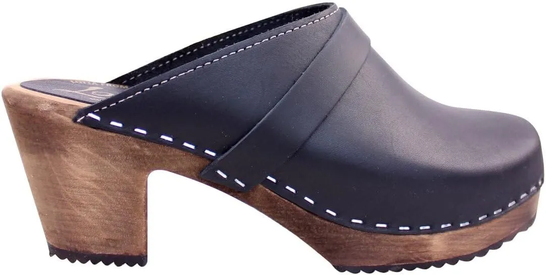 Swedish High Heel Classic Mule Clogs for Women | Real Leather and Swedish Alder Wooden Brown Base | Handcrafted in Sweden I Premiun Italian Black Leather