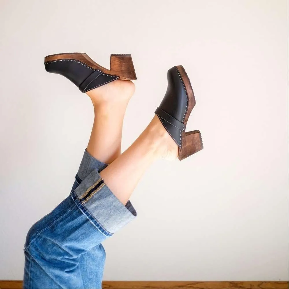 Swedish High Heel Classic Mule Clogs for Women | Real Leather and Swedish Alder Wooden Brown Base | Handcrafted in Sweden I Premiun Italian Black Leather