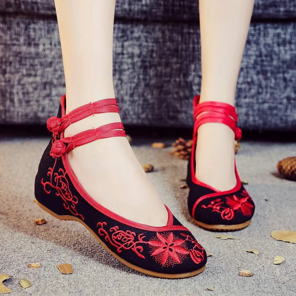 TangDao Women's Casual Flat Chinese Embroidered Floral Cheongsam Walking Mary Jane Ballet Shoes for Women