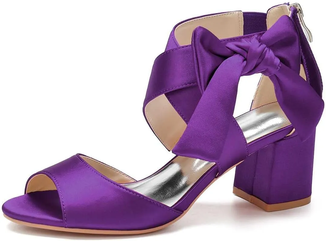TarfiC Women's Low Block Heel Sandals Satin Bridal Chunky Ankle Strap Zipper Wedding Dress Shoes Low Heel Pump