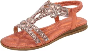 Thick-soled wedge Roman sandals for women with rhinestone fish mouth flat bottom elastic strap bohemian beach sandal