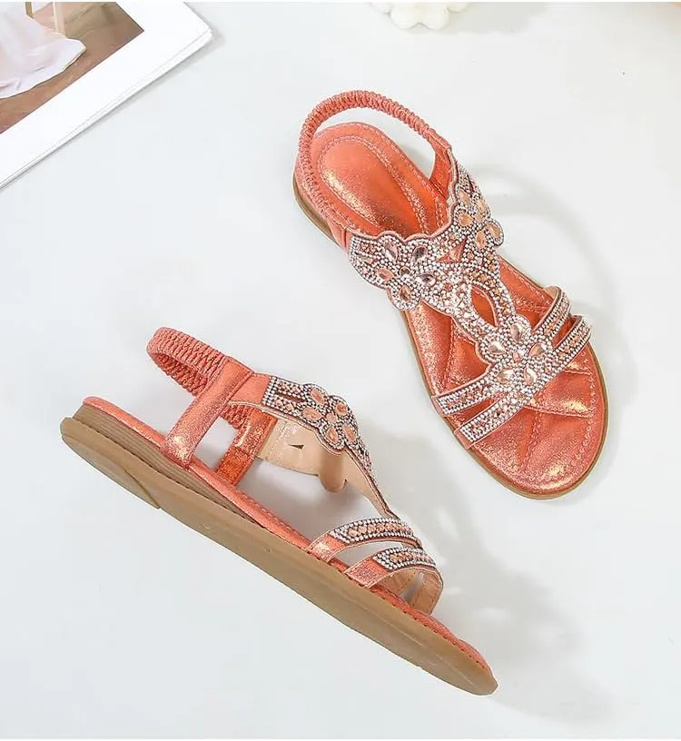 Thick-soled wedge Roman sandals for women with rhinestone fish mouth flat bottom elastic strap bohemian beach sandal