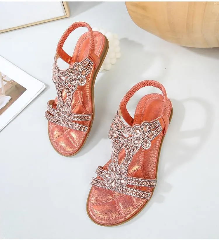 Thick-soled wedge Roman sandals for women with rhinestone fish mouth flat bottom elastic strap bohemian beach sandal