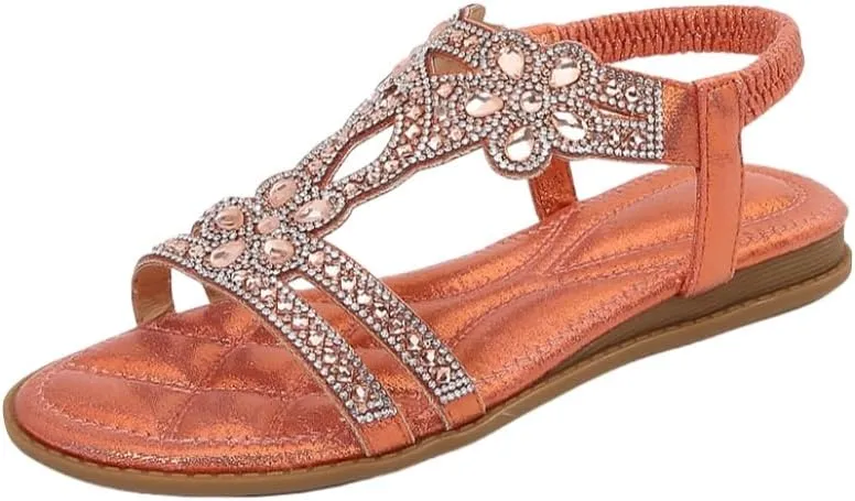 Thick-soled wedge Roman sandals for women with rhinestone fish mouth flat bottom elastic strap bohemian beach sandal