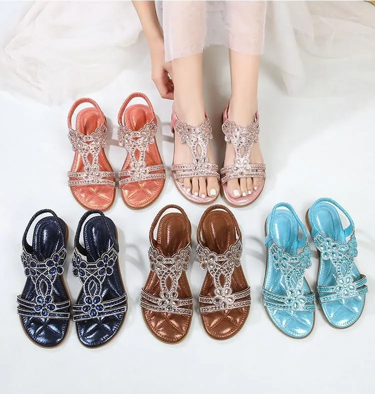 Thick-soled wedge Roman sandals for women with rhinestone fish mouth flat bottom elastic strap bohemian beach sandal