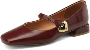 TinaCus Genuine Leather Square Toe Handmade Metal Heart Women's Flat Mary Jane Shoes