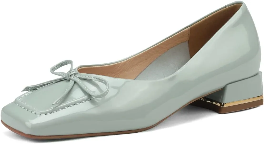TinaCus Glossy Patent Leather Women's Handmade Classic Square Toe Block Heel Slip On Loafer Pumps with Bowknot