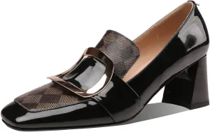 TinaCus Patent Leather Women's Handmade Metal Square Pattern Design Classic Chunky Heel Loafer Pumps