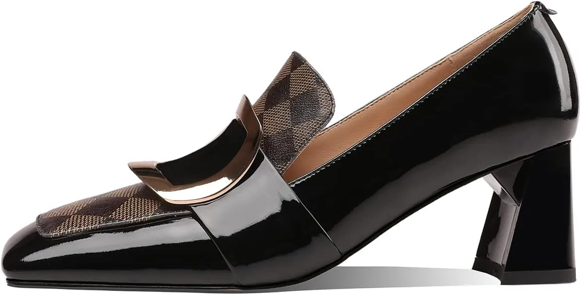 TinaCus Patent Leather Women's Handmade Metal Square Pattern Design Classic Chunky Heel Loafer Pumps