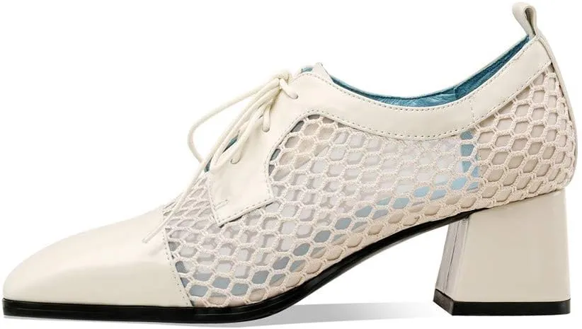 TinaCus Women's Genuine Leather with Breathable Mesh Square Toe Handmade Lace-Up Low Chunky Heels Pumps Shoes