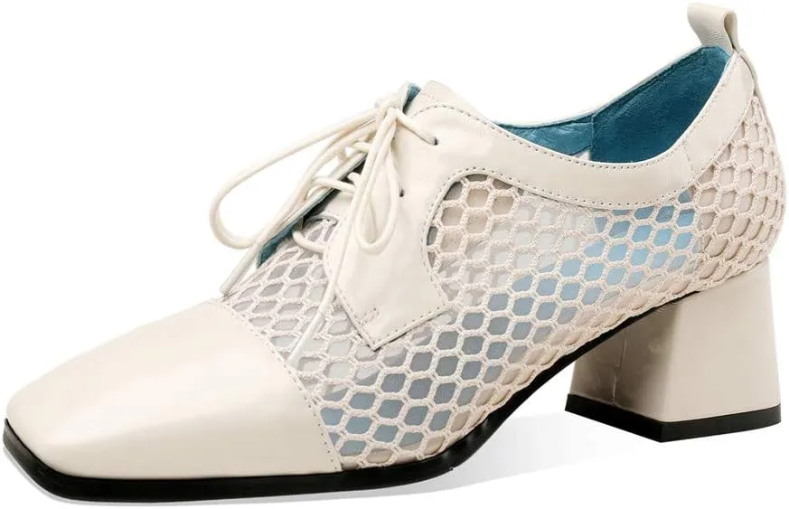 TinaCus Women's Genuine Leather with Breathable Mesh Square Toe Handmade Lace-Up Low Chunky Heels Pumps Shoes