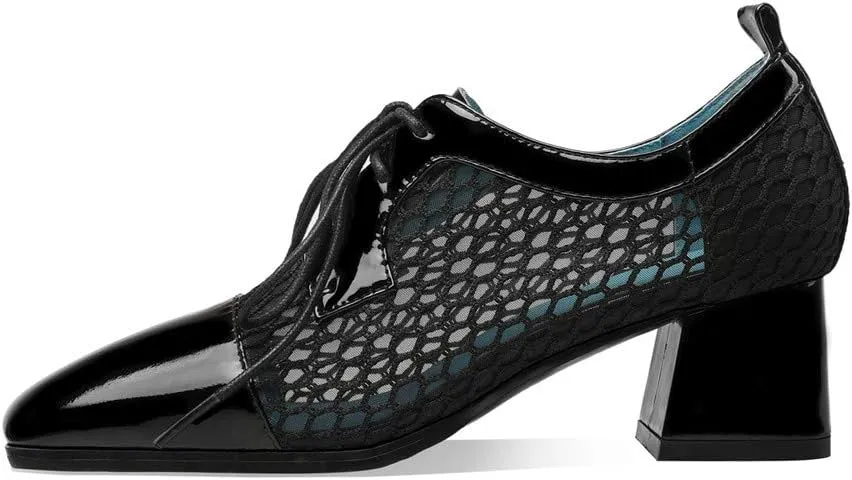 TinaCus Women's Genuine Leather with Breathable Mesh Square Toe Handmade Lace-Up Low Chunky Heels Pumps Shoes
