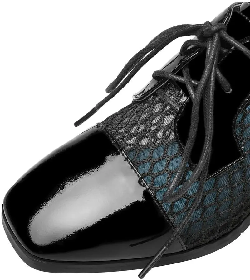 TinaCus Women's Genuine Leather with Breathable Mesh Square Toe Handmade Lace-Up Low Chunky Heels Pumps Shoes