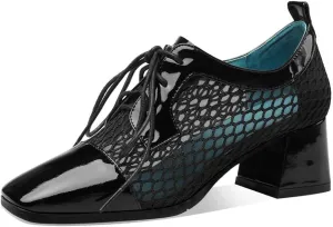 TinaCus Women's Genuine Leather with Breathable Mesh Square Toe Handmade Lace-Up Low Chunky Heels Pumps Shoes