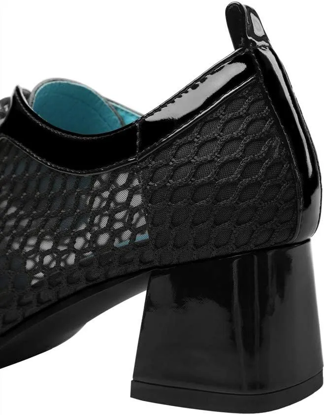TinaCus Women's Genuine Leather with Breathable Mesh Square Toe Handmade Lace-Up Low Chunky Heels Pumps Shoes