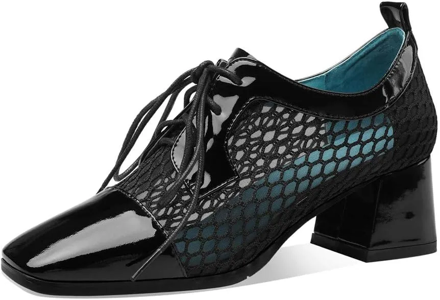 TinaCus Women's Genuine Leather with Breathable Mesh Square Toe Handmade Lace-Up Low Chunky Heels Pumps Shoes