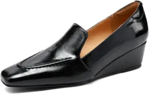 TinaCus Women's Handmade Geniuine Leather Slip On Casual Solid Square Toe Wedge Heel Office Loafer Shoes