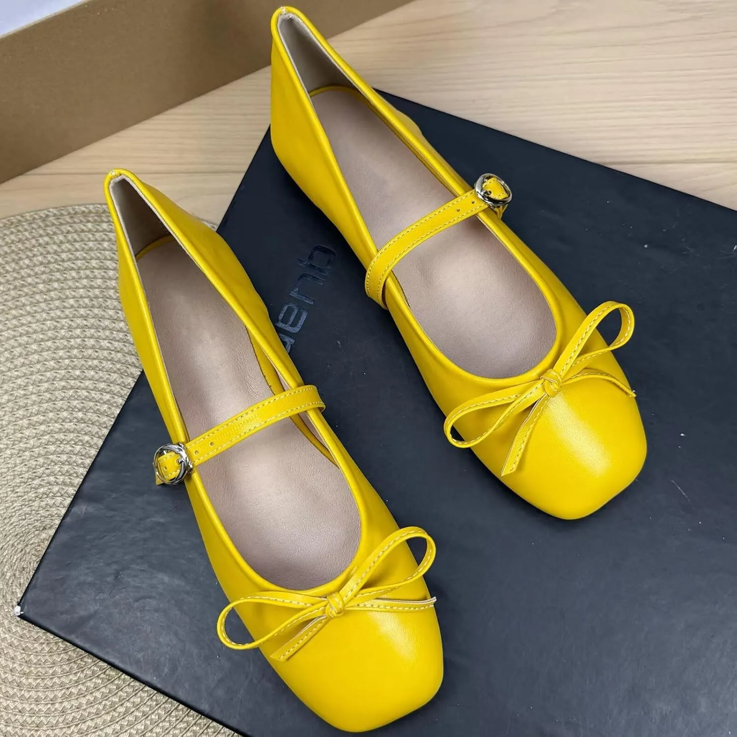 TN TANGNEST Leather Flats for Women Comfortable Square Toe Bowknot Ballet Flats Retro Slip On Mary Jane Flats