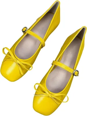 TN TANGNEST Leather Flats for Women Comfortable Square Toe Bowknot Ballet Flats Retro Slip On Mary Jane Flats