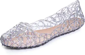 TN TANGNEST Women's Beach Hollow Jelly Shoes Bling PVC Slip On Summer Casual Flat Sandals