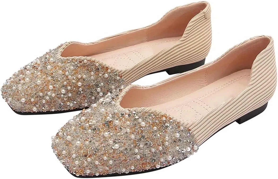 TN TANGNEST Women's Rhinestone Flats Comfortable Square Toe Slip on Flat Shoes