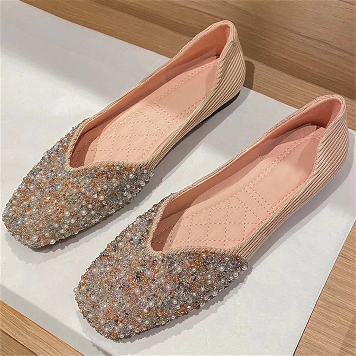 TN TANGNEST Women's Rhinestone Flats Comfortable Square Toe Slip on Flat Shoes