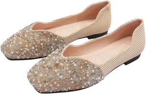 TN TANGNEST Women's Rhinestone Flats Comfortable Square Toe Slip on Flat Shoes