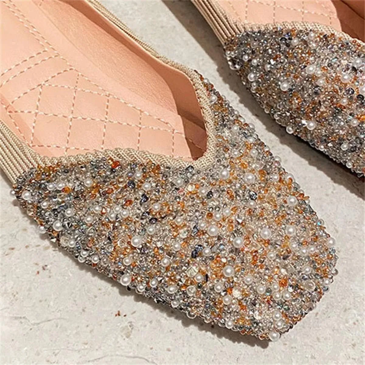 TN TANGNEST Women's Rhinestone Flats Comfortable Square Toe Slip on Flat Shoes