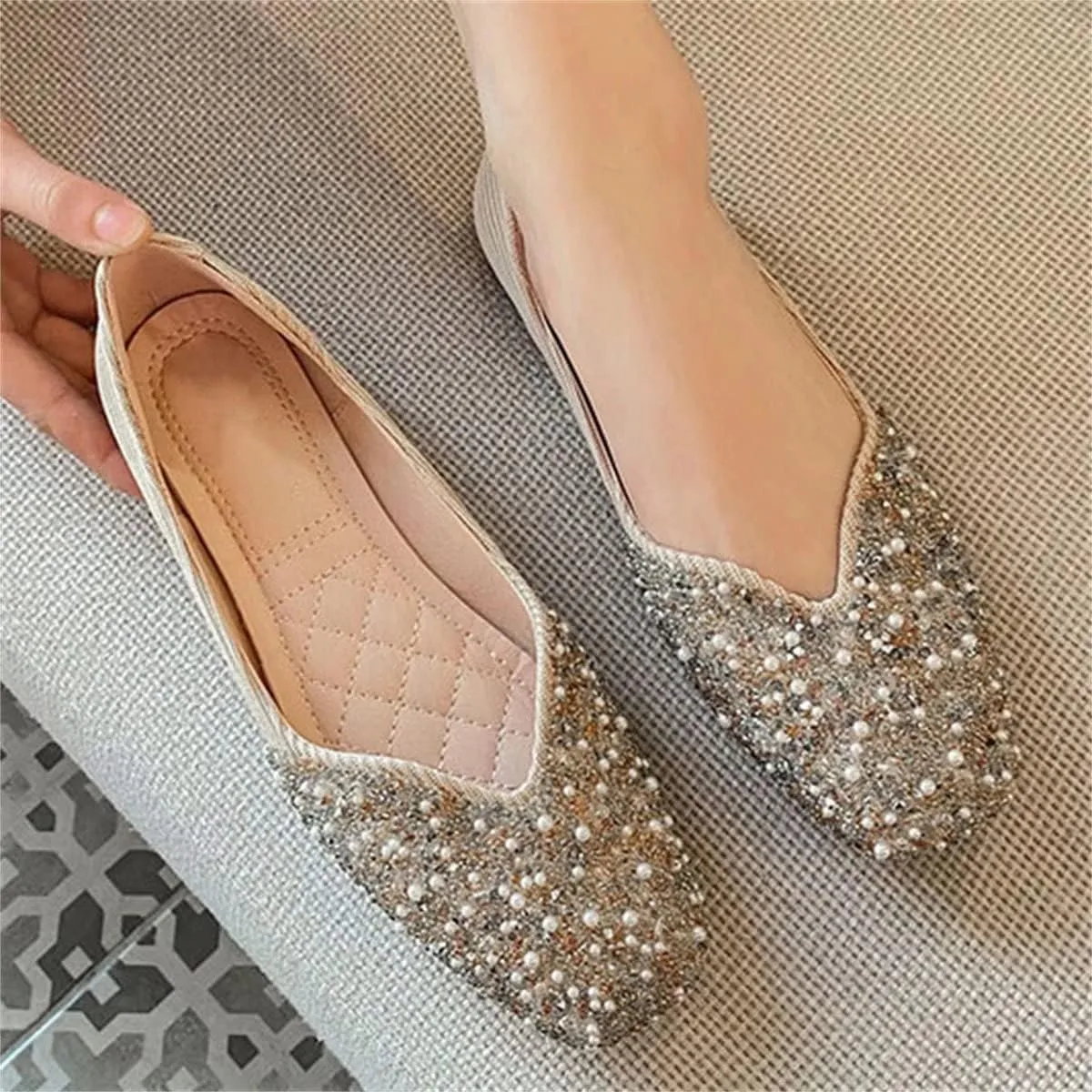TN TANGNEST Women's Rhinestone Flats Comfortable Square Toe Slip on Flat Shoes
