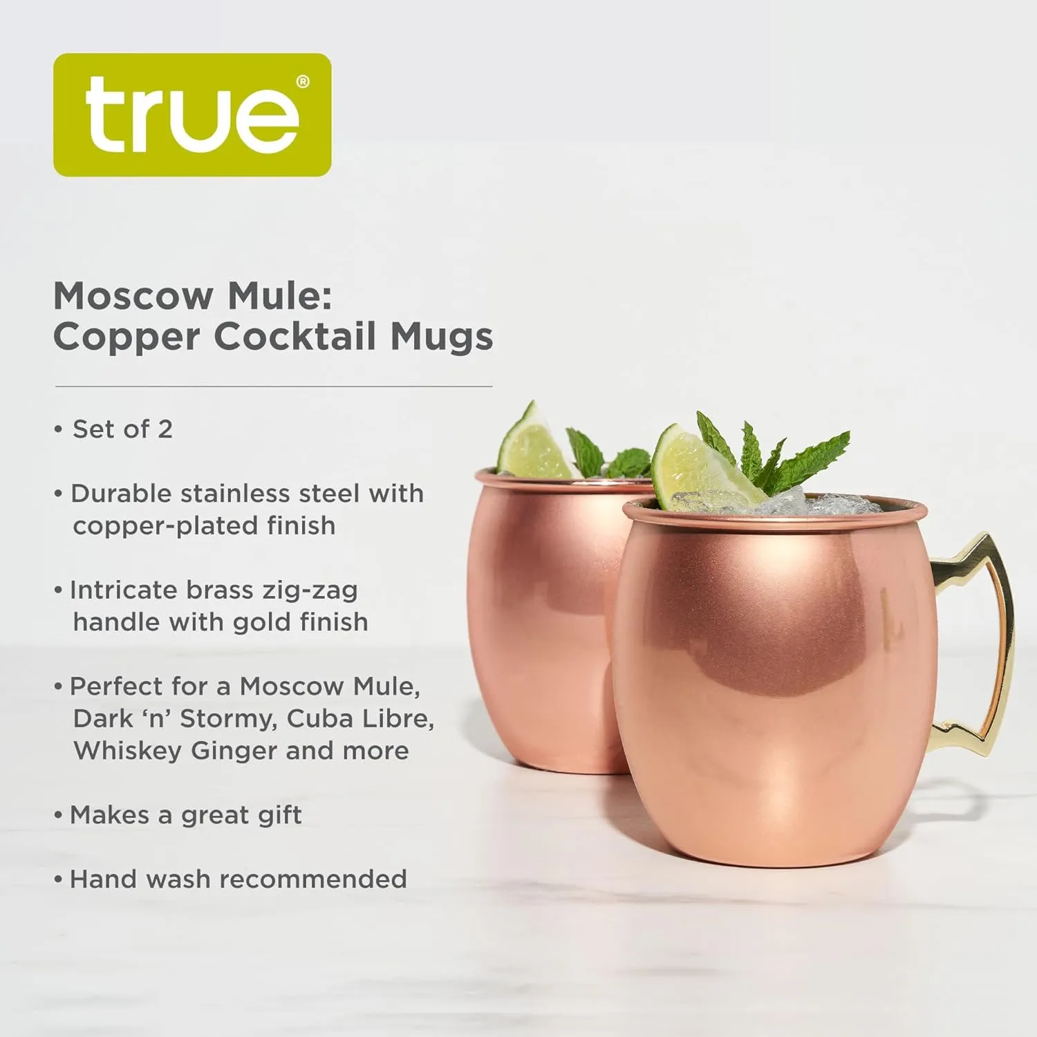 True Moscow Mule Mug, Stainless Steel, Copper Cups for Moscow Mules, Copper Bar Cart Accessories, 16 oz, Set of 2