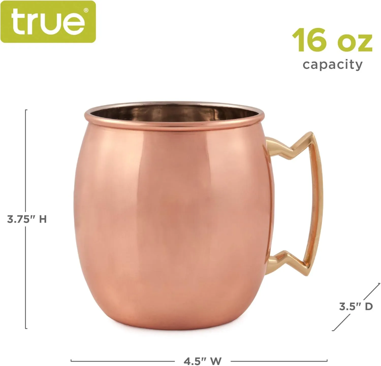 True Moscow Mule Mug, Stainless Steel, Copper Cups for Moscow Mules, Copper Bar Cart Accessories, 16 oz, Set of 2