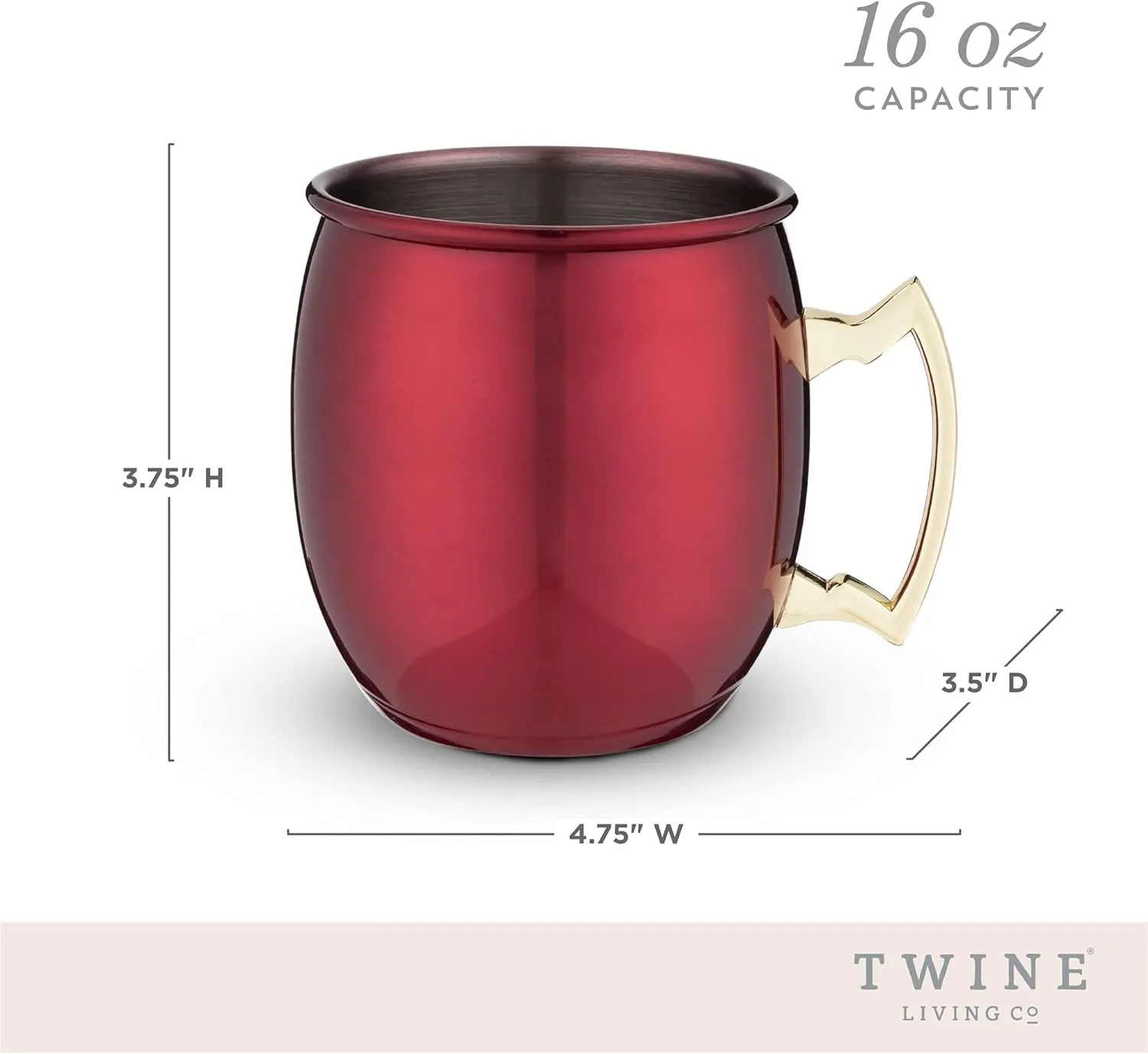 Twine Moscow Mule mugs, Stainless Steel Moscow Mule Cup, Cocktail drinkware, Copper Bar Cart Accessories, 16oz, Red