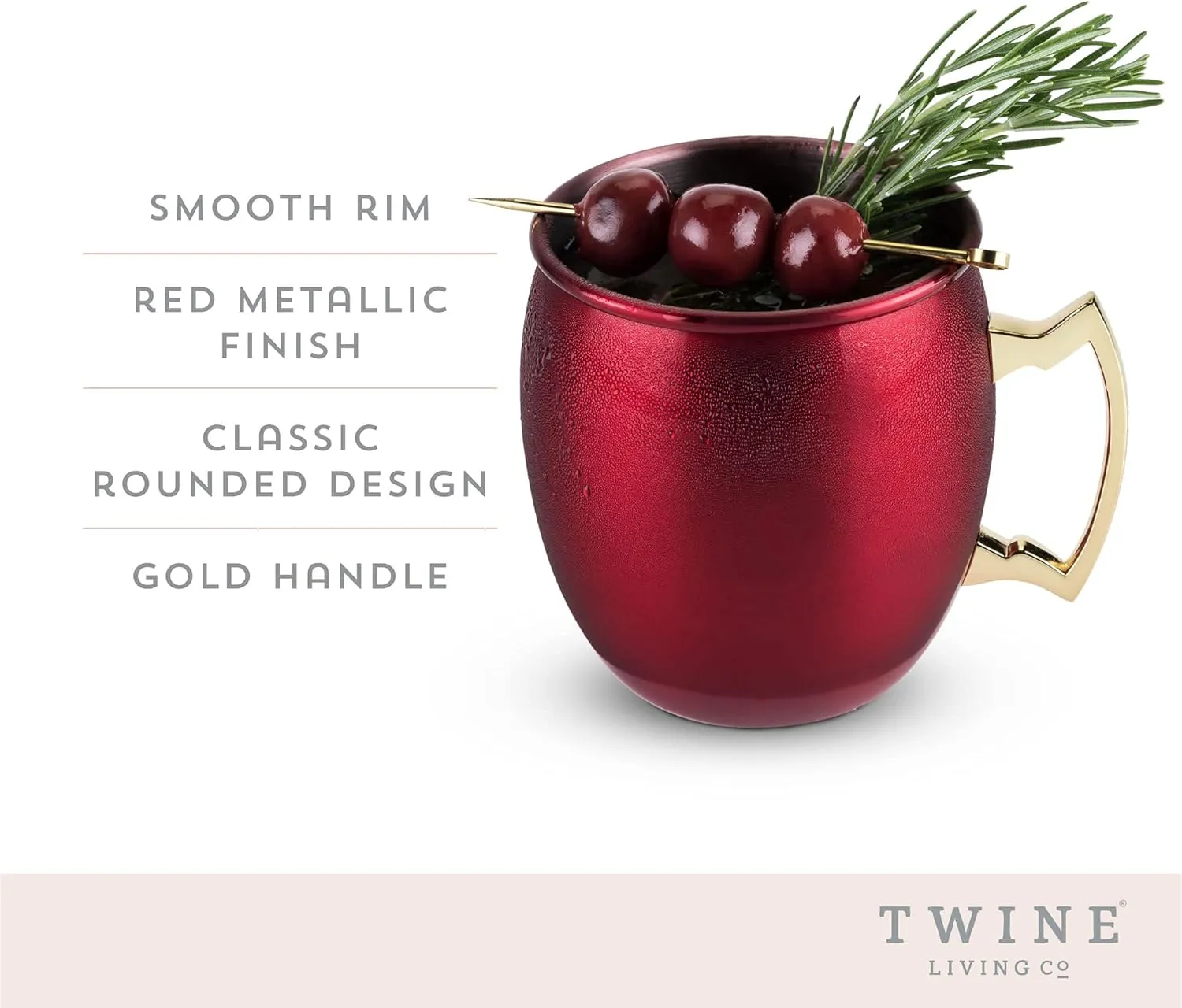 Twine Moscow Mule mugs, Stainless Steel Moscow Mule Cup, Cocktail drinkware, Copper Bar Cart Accessories, 16oz, Red
