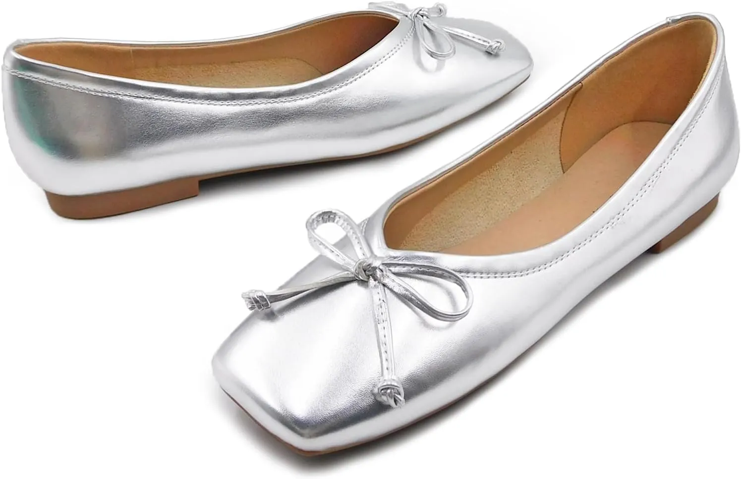UBWDU Women's Low Heel Flat Shoes Comfortable Square Toe Bowknot Decoration Casual Ballet Shoes
