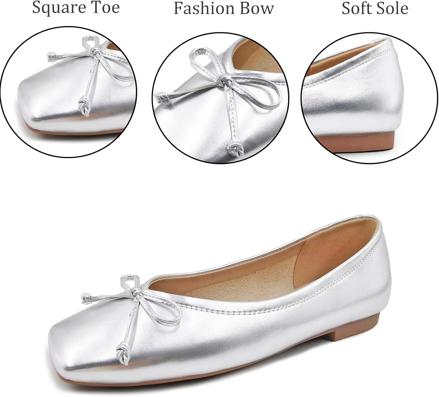 UBWDU Women's Low Heel Flat Shoes Comfortable Square Toe Bowknot Decoration Casual Ballet Shoes