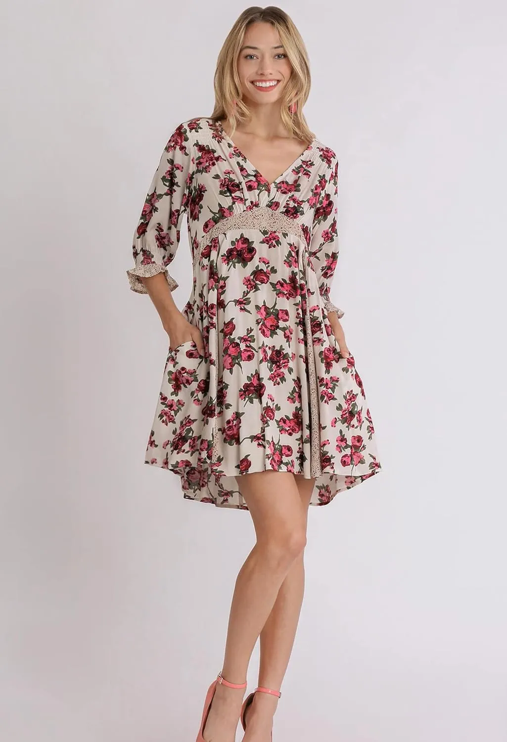 Umgee Mixed Floral Color Block Print V-Neck Babydoll Dress with Pockets